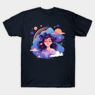 Woman with sweet dreams concept Young girl with galaxy and universe at hairs T-Shirt